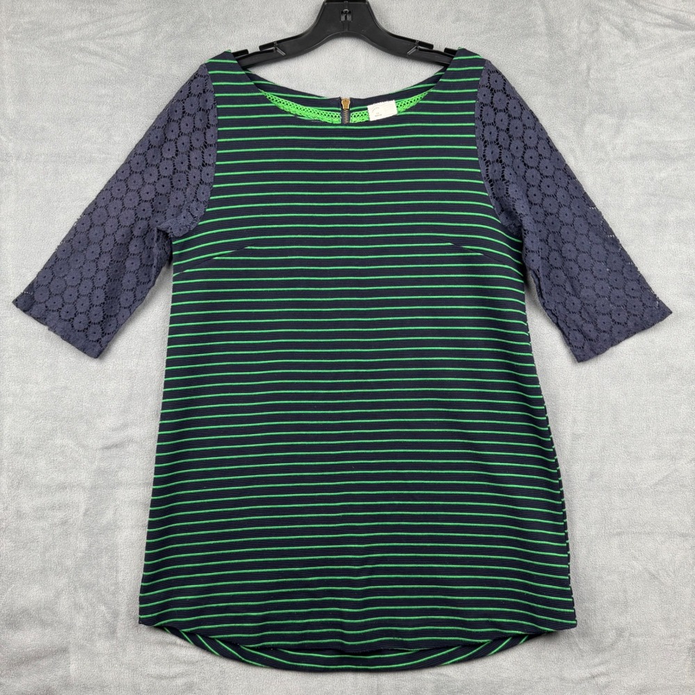 9-H15 STCL Anthropologie Dress Medium Green Blue Stripe Lace‎ Sleeve Career